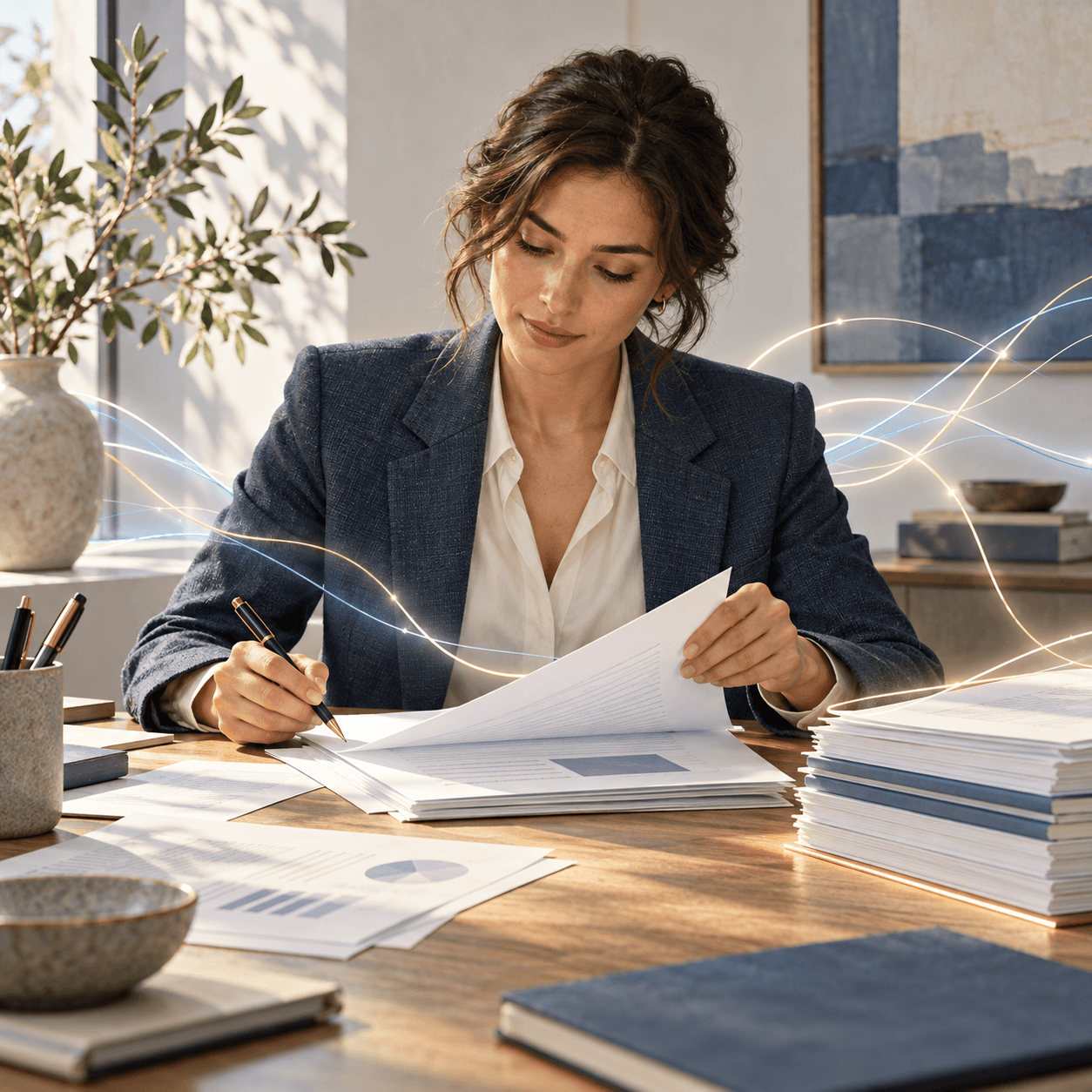 Une professionnelle relit et vérifie un dossier avant de retenir sa conclusion.